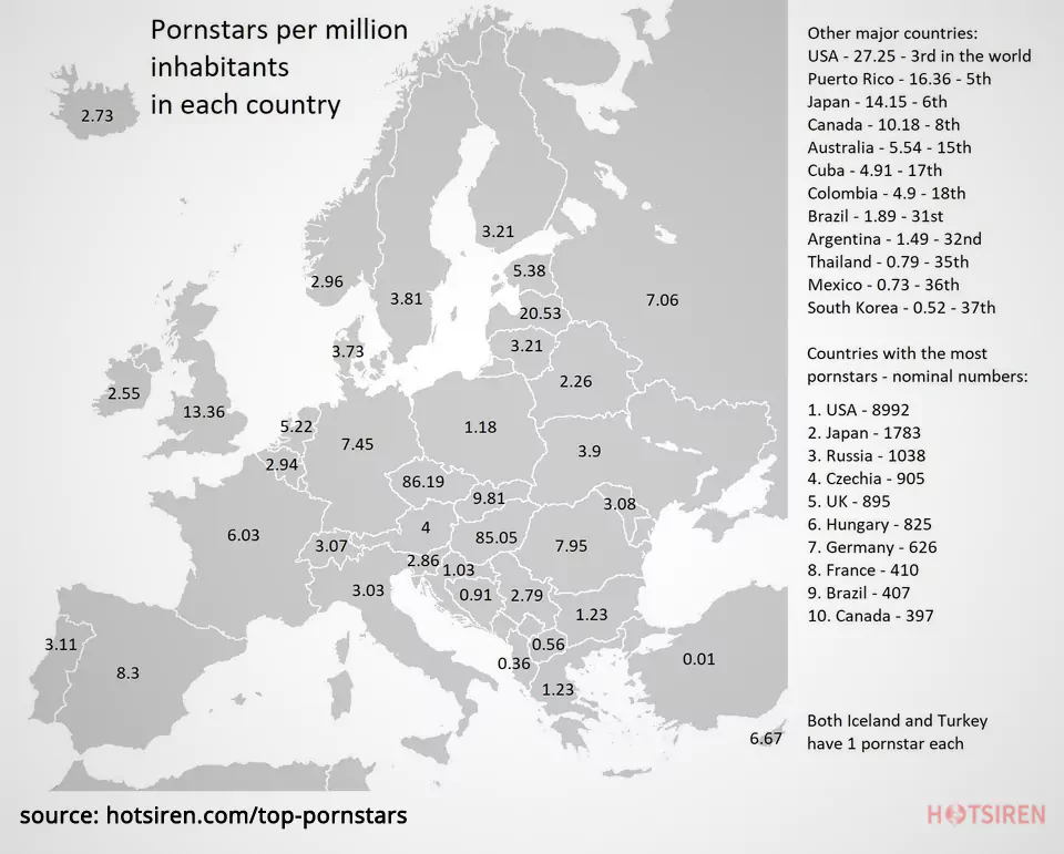 Pornstars Per Million Inhabitants Infographic